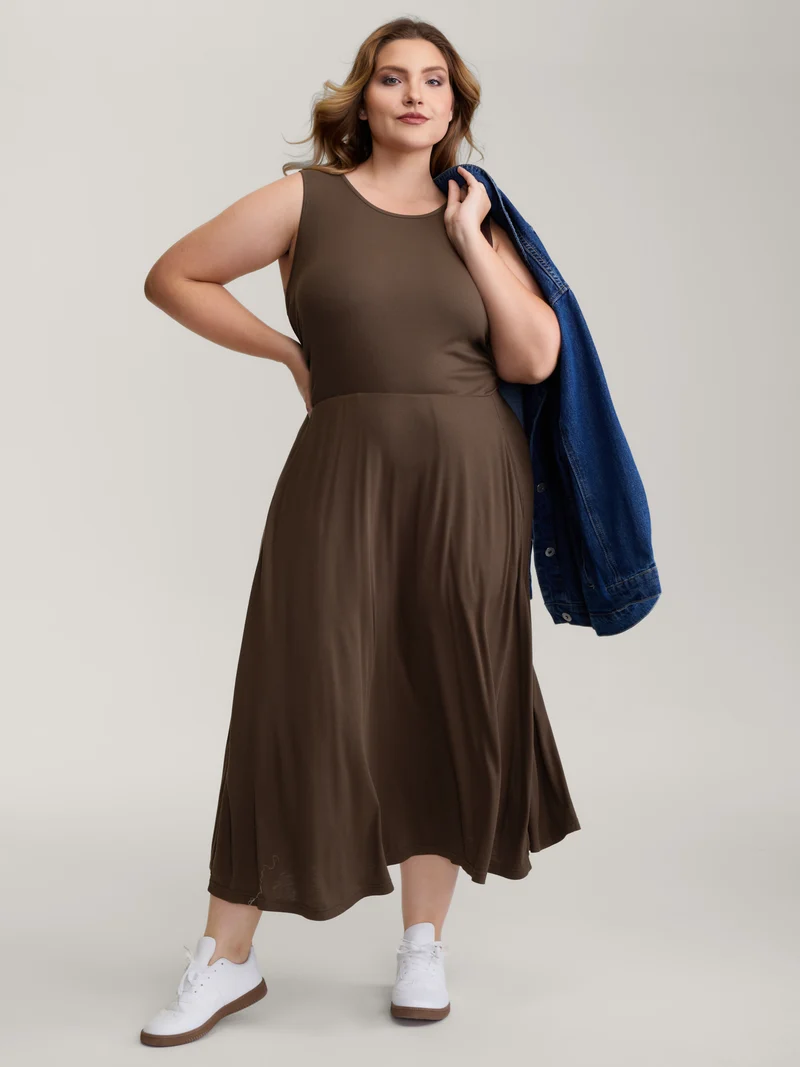 Supersoft Ribbed Knit Cinched-Waist A-Line Maxi Dress