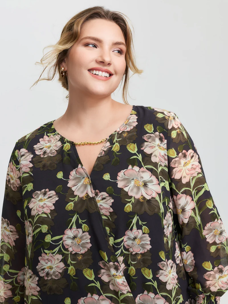 Sheer Floral Ruffled Cuff Metal Detail Blouse
