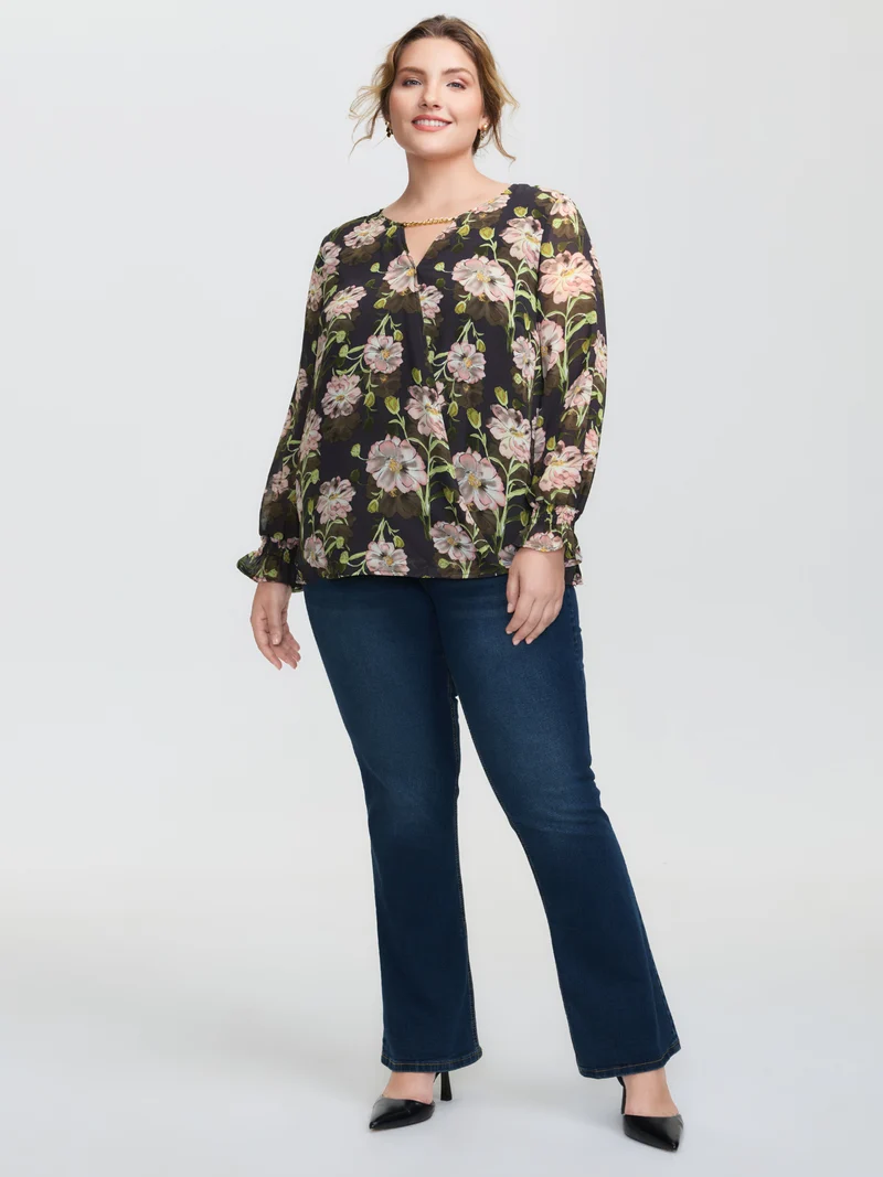 Sheer Floral Ruffled Cuff Metal Detail Blouse