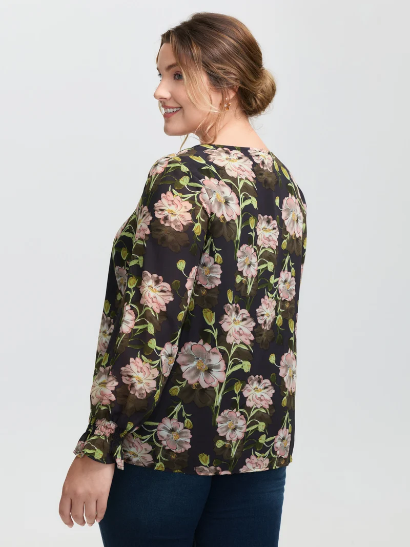 Sheer Floral Ruffled Cuff Metal Detail Blouse