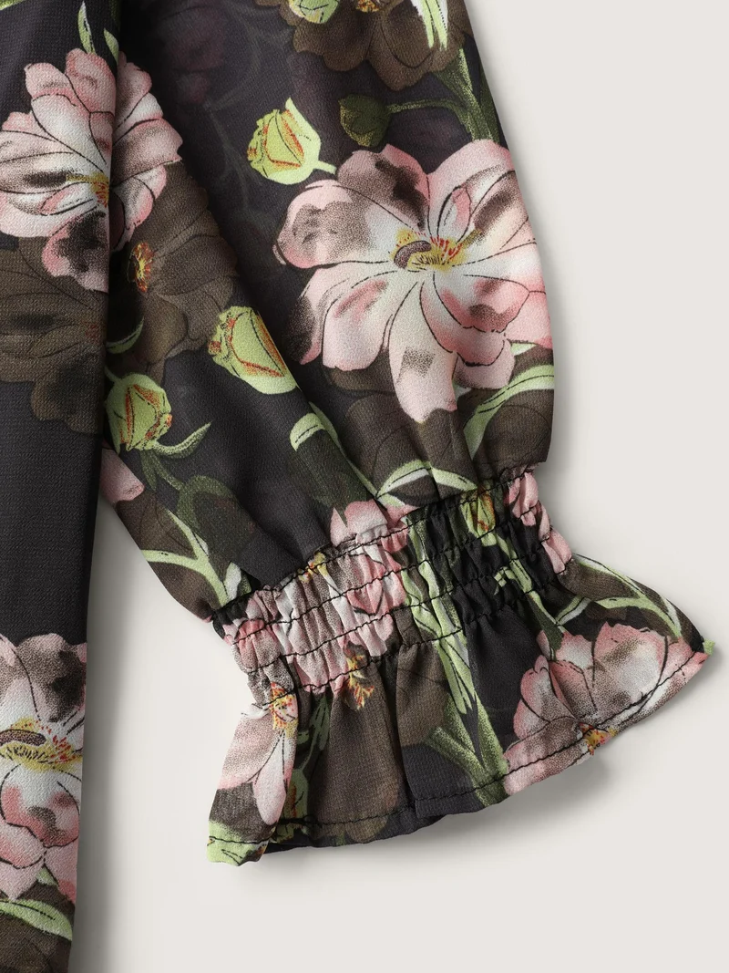 Sheer Floral Ruffled Cuff Metal Detail Blouse