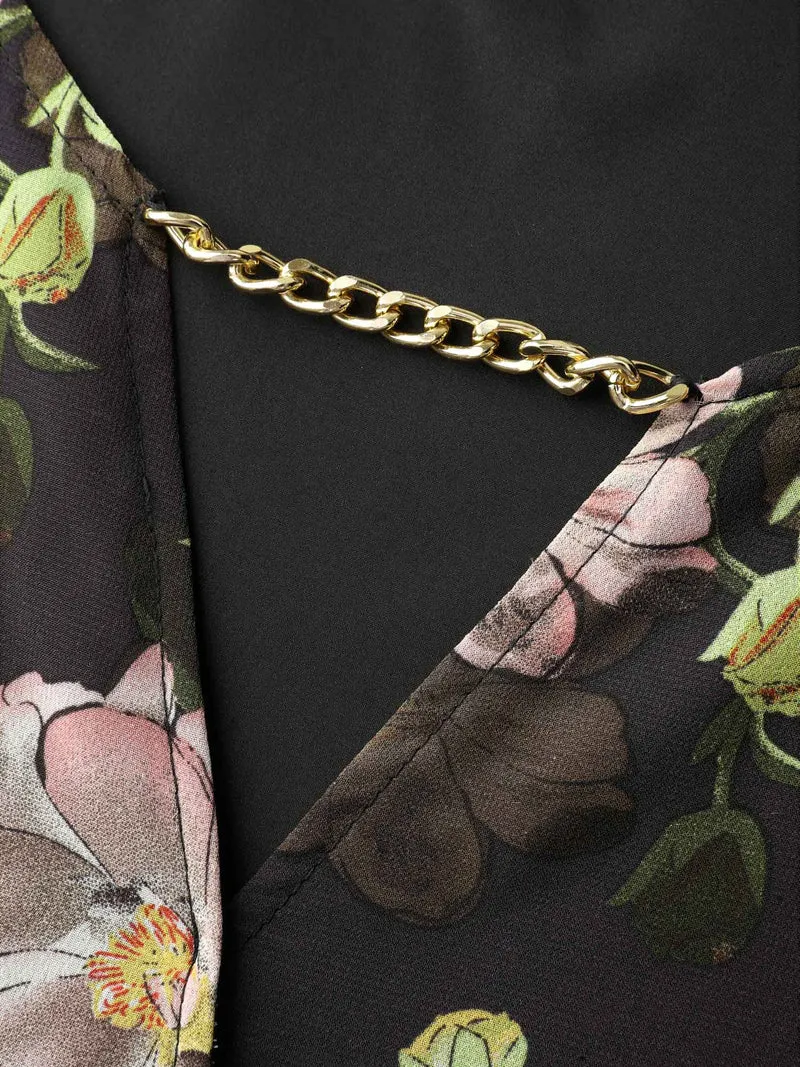 Sheer Floral Ruffled Cuff Metal Detail Blouse