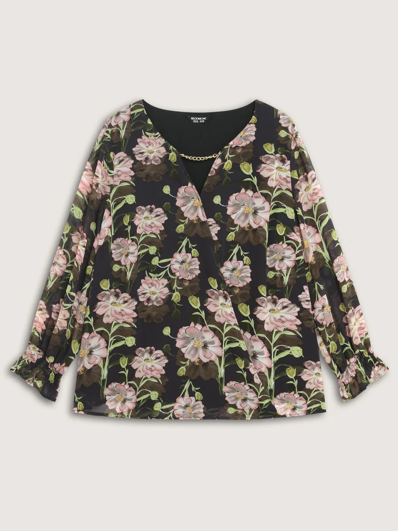 Sheer Floral Ruffled Cuff Metal Detail Blouse