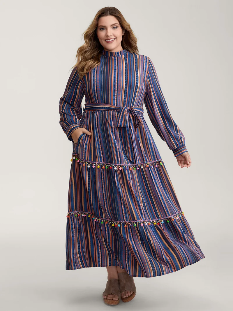 Stripe Tassels Stretchy Waist Pockets Maxi Dress