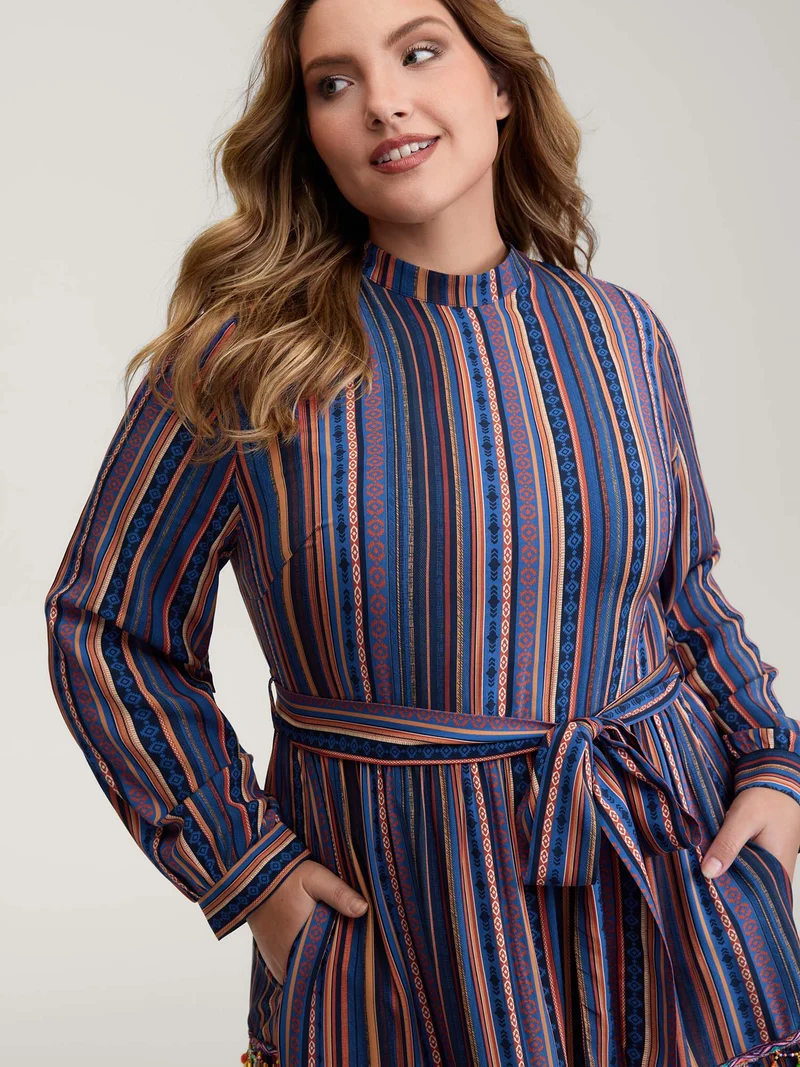 Stripe Tassels Stretchy Waist Pockets Maxi Dress