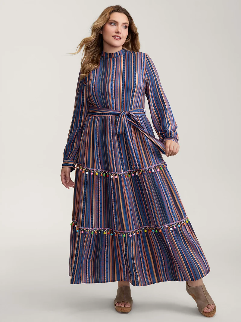 Stripe Tassels Stretchy Waist Pockets Maxi Dress