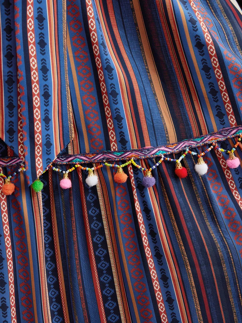 Stripe Tassels Stretchy Waist Pockets Maxi Dress