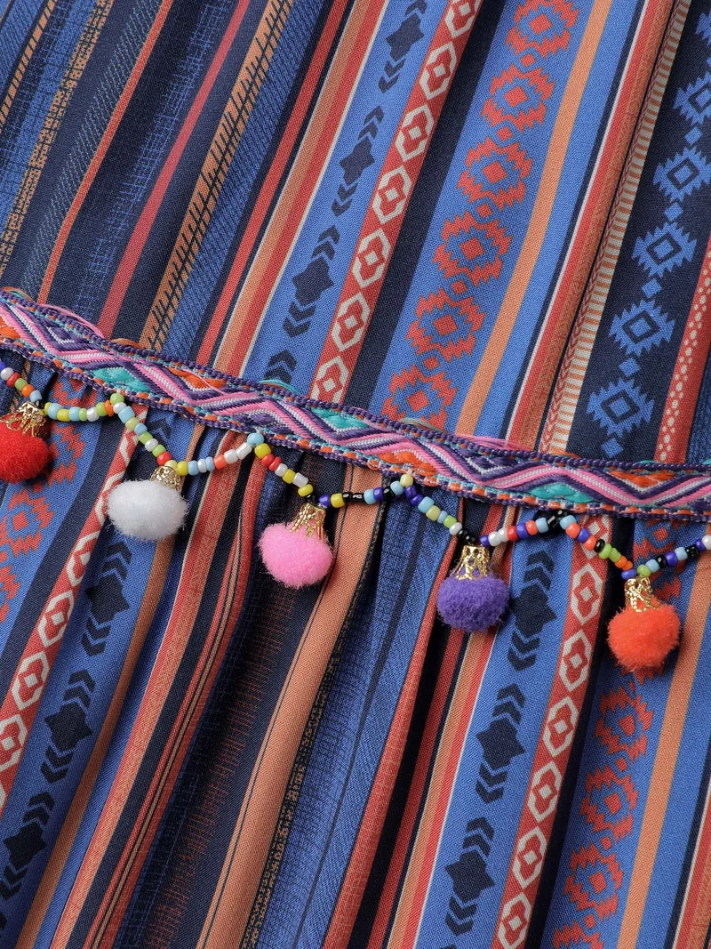 Stripe Tassels Stretchy Waist Pockets Maxi Dress
