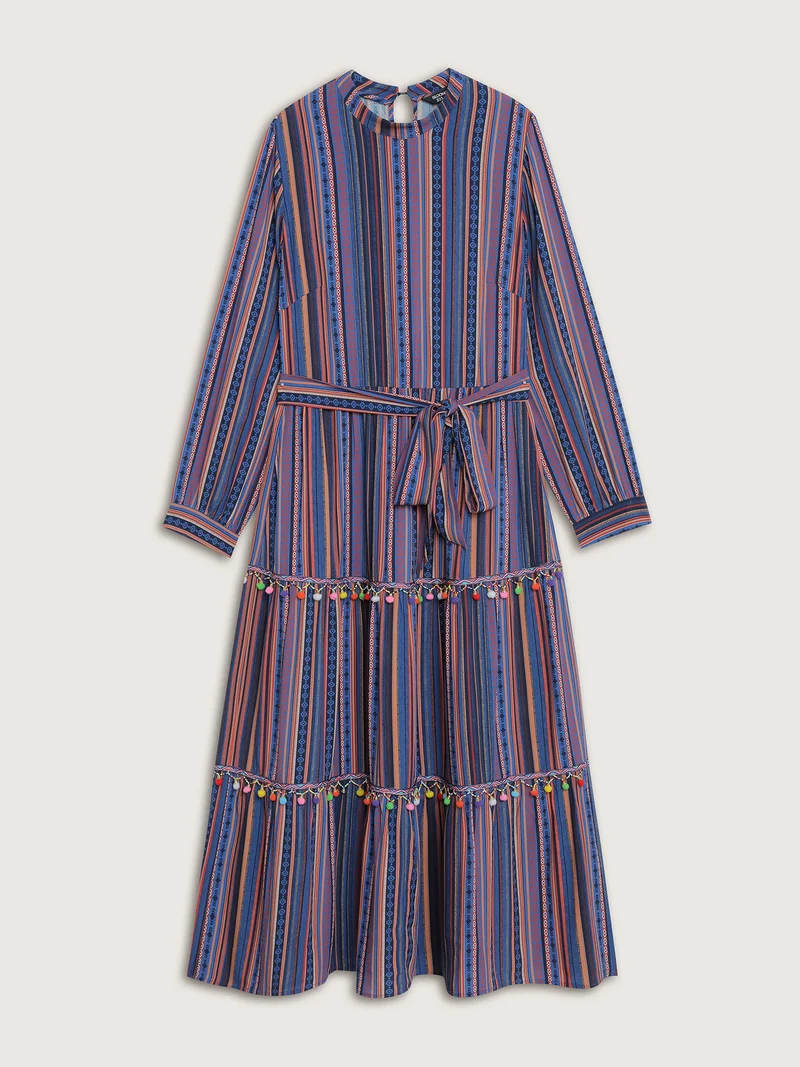 Stripe Tassels Stretchy Waist Pockets Maxi Dress