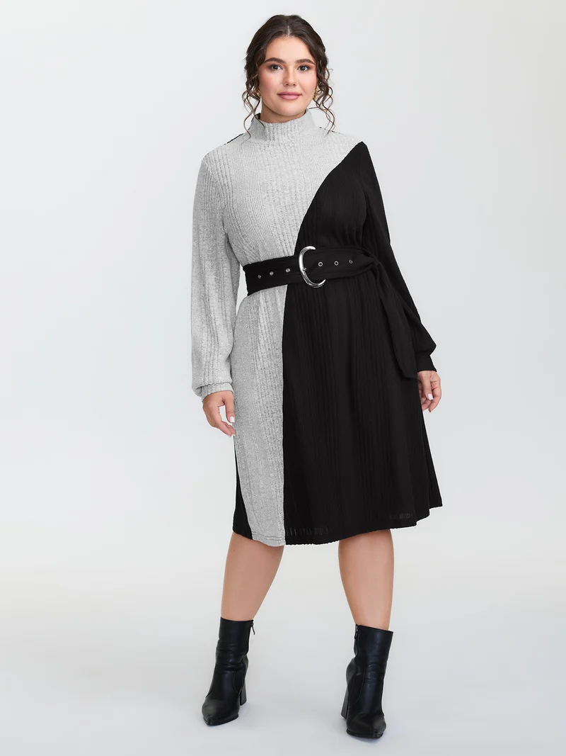 Colorblock Belted Ribbed Midi Dress