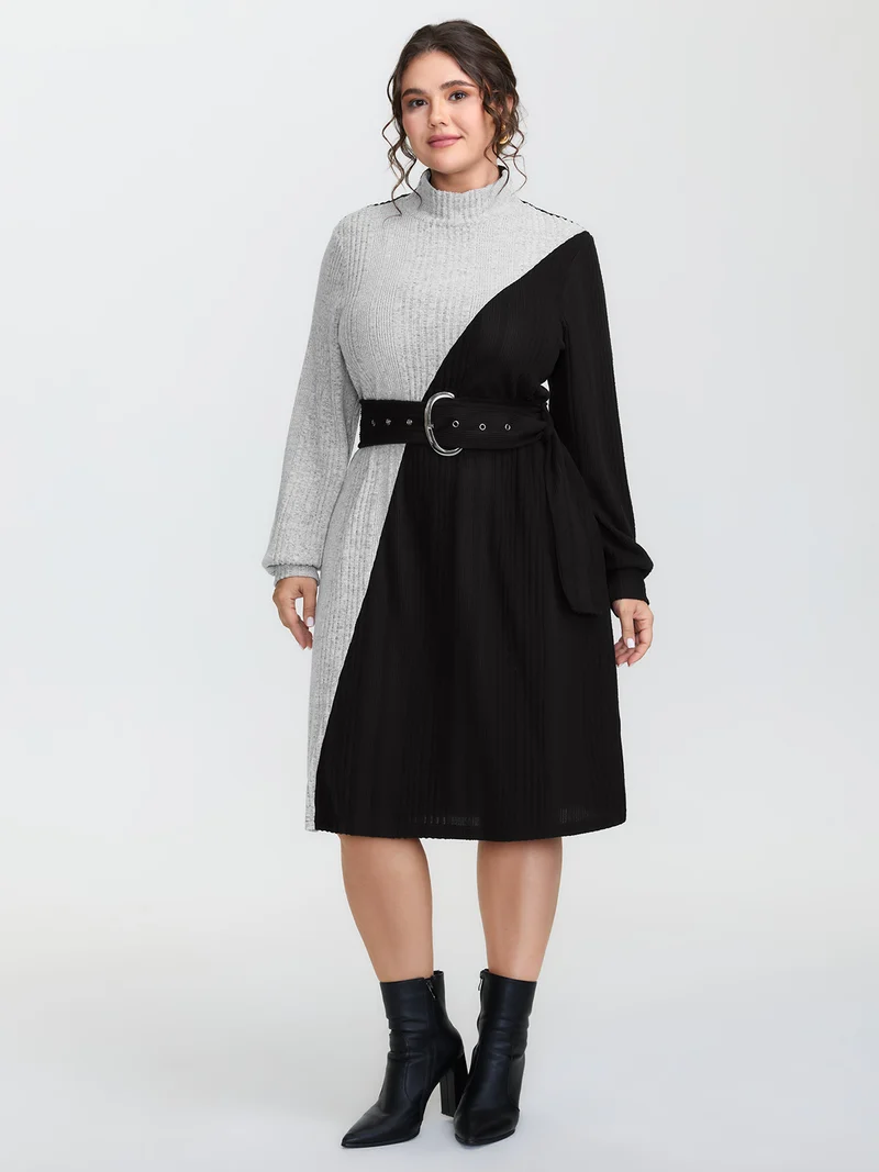 Colorblock Belted Ribbed Midi Dress