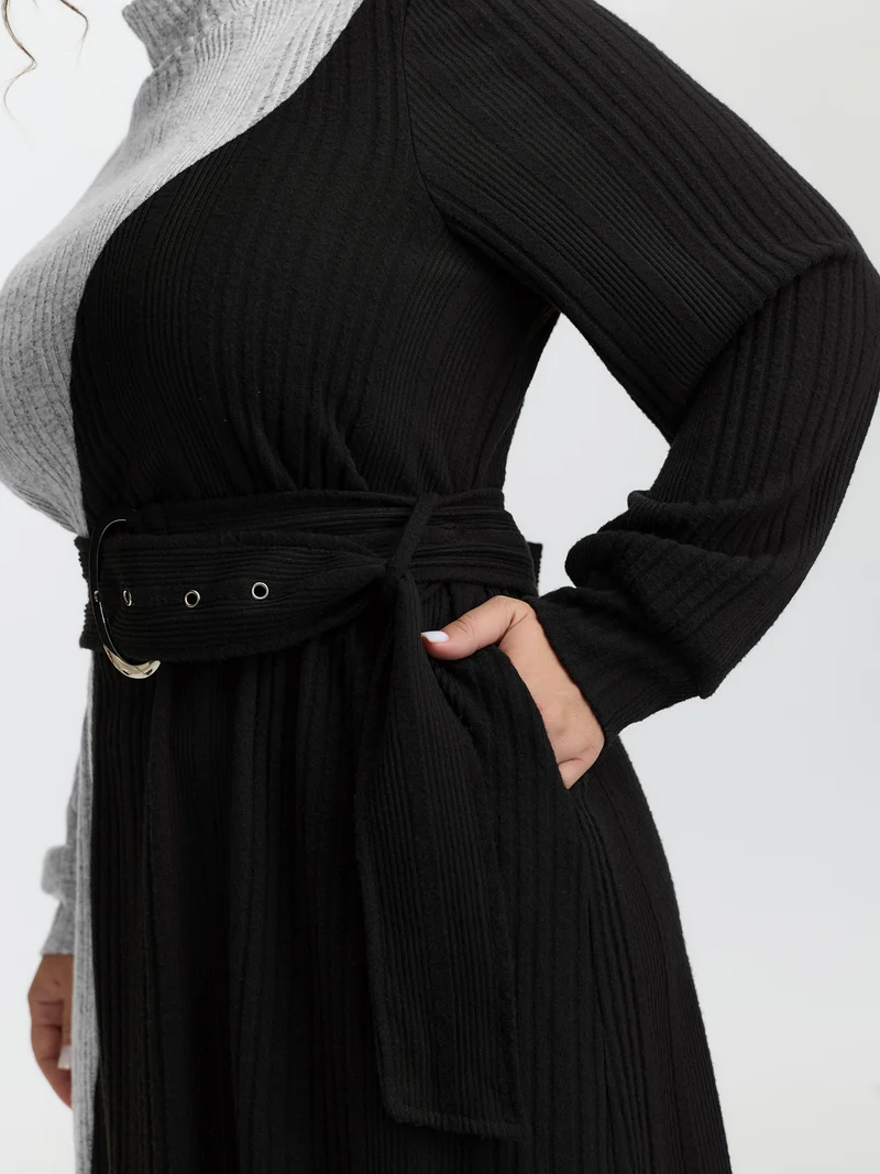 Colorblock Belted Ribbed Midi Dress