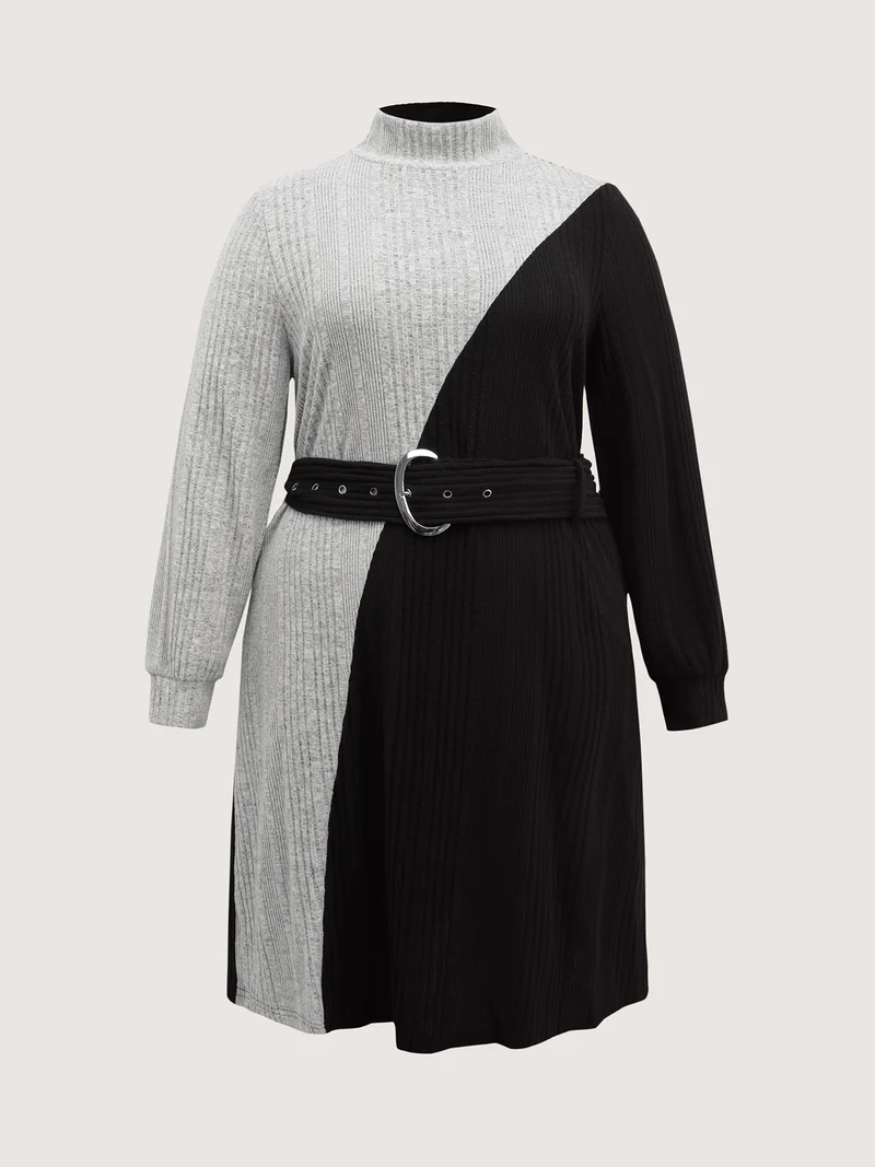 Colorblock Belted Ribbed Midi Dress