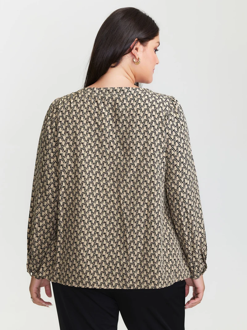 Retro Geometric Print Metallic Detail Blouse