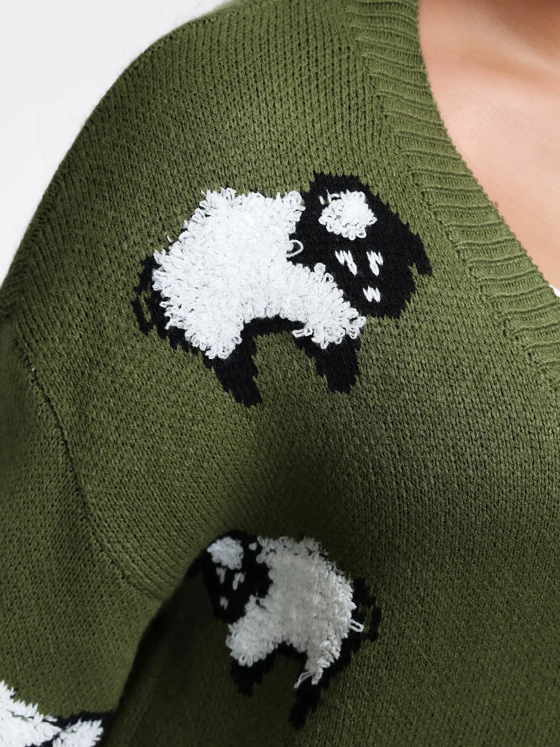 Flocked Lamb Curvy Hem Jacquard-Knit Cardigan