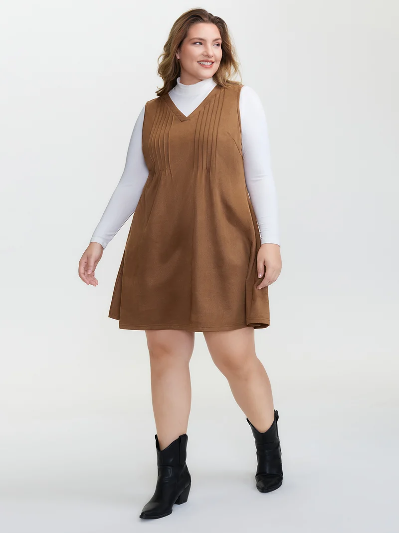 Suede Striped Toothpick Pleats Mini Dress