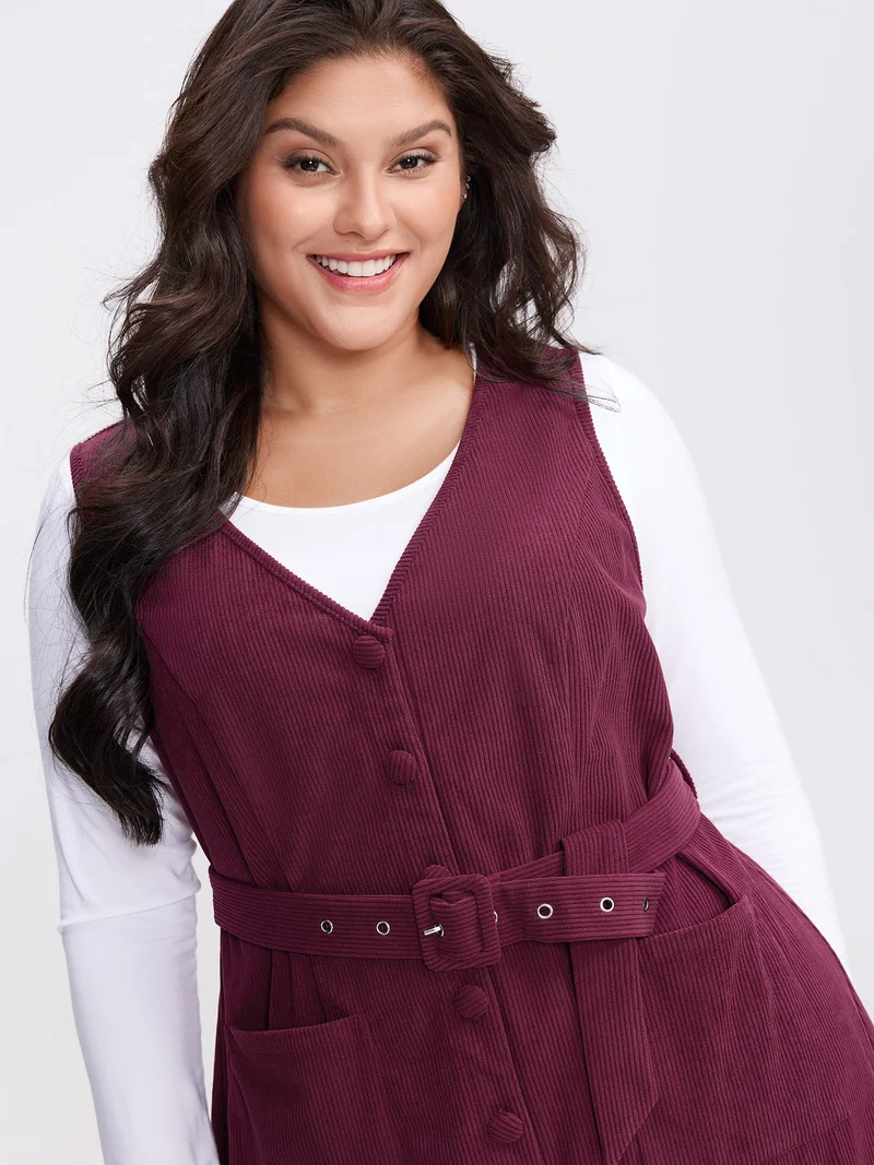Textured Belted Waist Sleeveless Knee-Length Dress