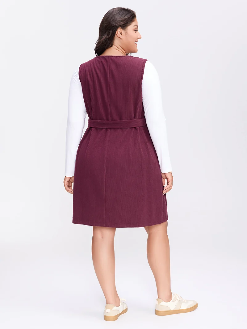 Textured Belted Waist Sleeveless Knee-Length Dress