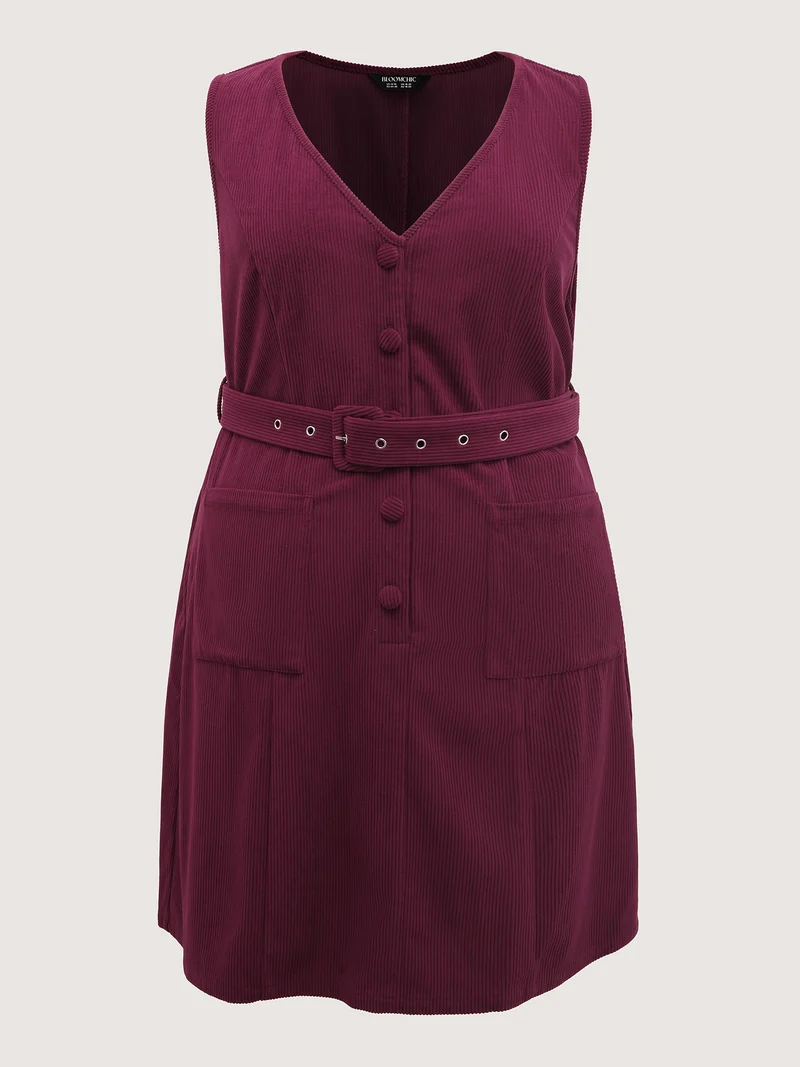 Textured Belted Waist Sleeveless Knee-Length Dress