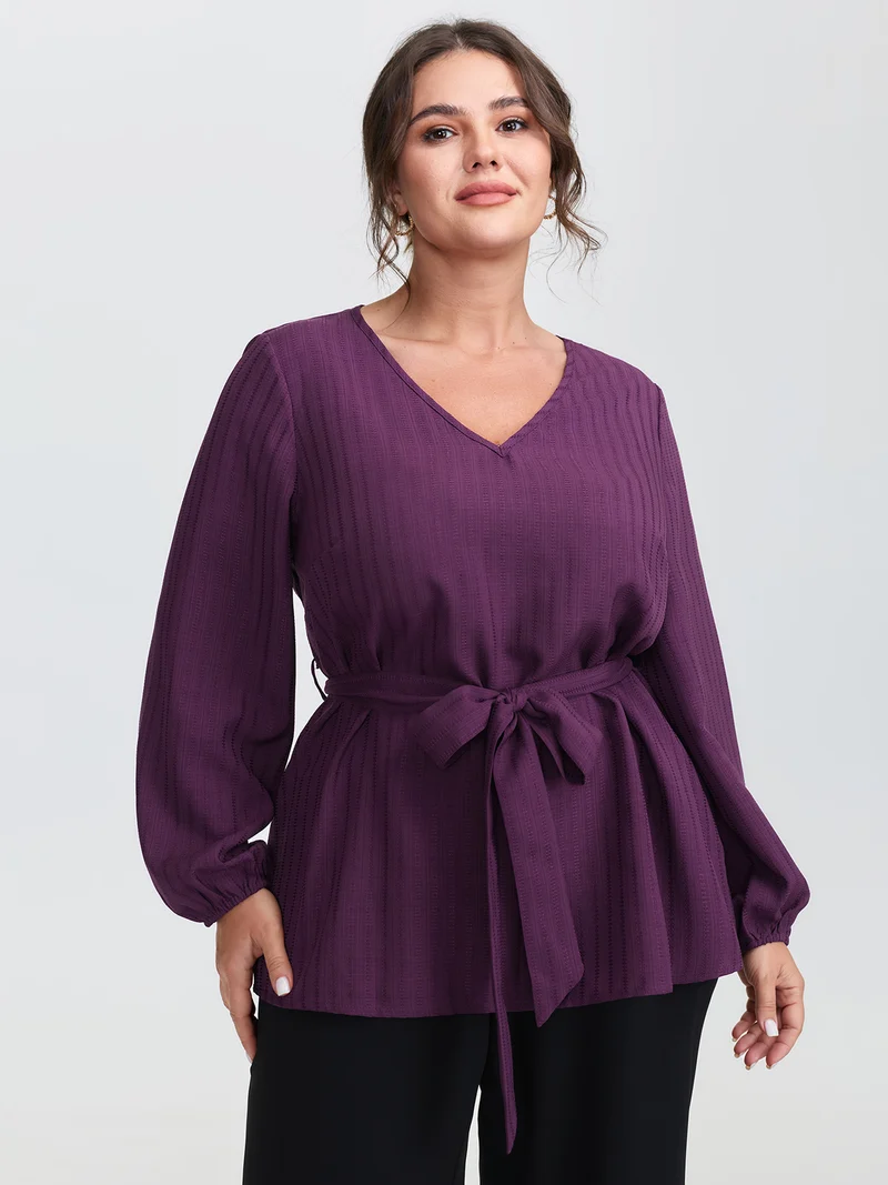 Textured Waist-Tie V-Neck Blouse