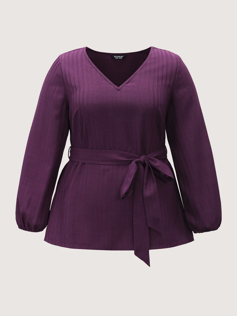 Textured Waist-Tie V-Neck Blouse