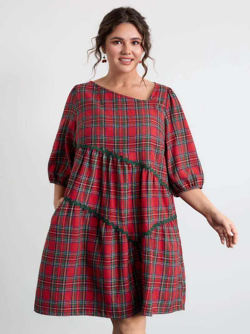 Festive Plaid Wavy Trim Midi Dress