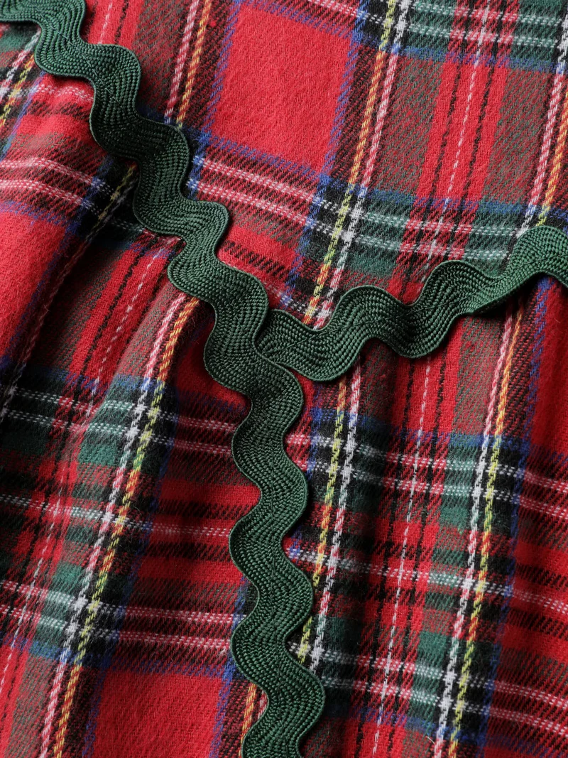 Festive Plaid Wavy Trim Midi Dress