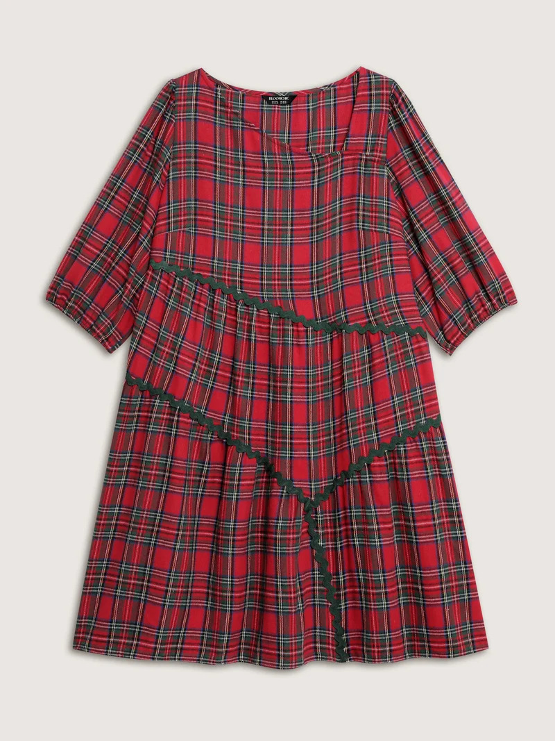 Festive Plaid Wavy Trim Midi Dress