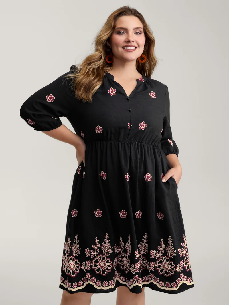 Floral Embroidery Notched Collar Knee-Length Dress