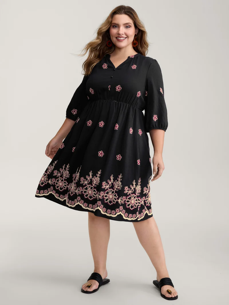 Floral Embroidery Notched Collar Knee-Length Dress
