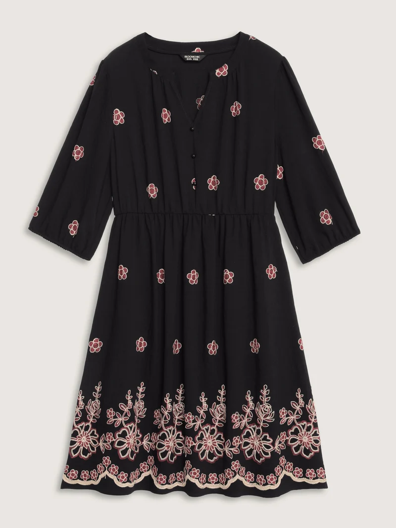 Floral Embroidery Notched Collar Knee-Length Dress