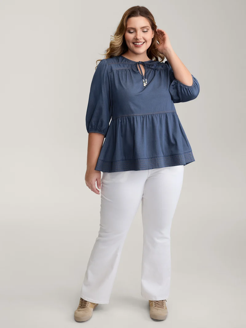 Relaxed-Fit Denim-Style Neck Tie Blouse