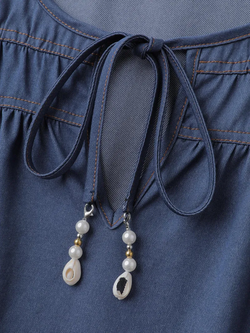Relaxed-Fit Denim-Style Neck Tie Blouse