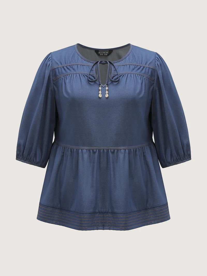 Relaxed-Fit Denim-Style Neck Tie Blouse