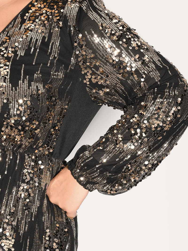 Shimmery Gold Silver Sequin Wrap Party Dress