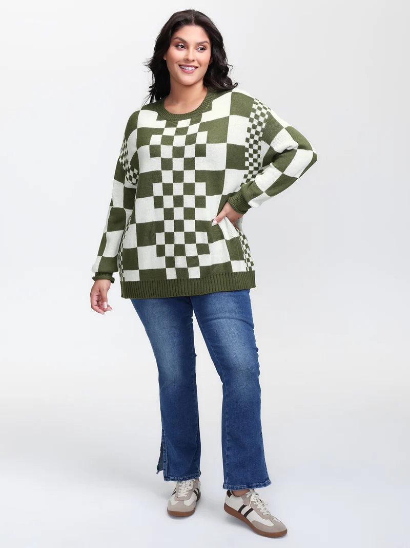 Colorblock Checkered Print Pullover