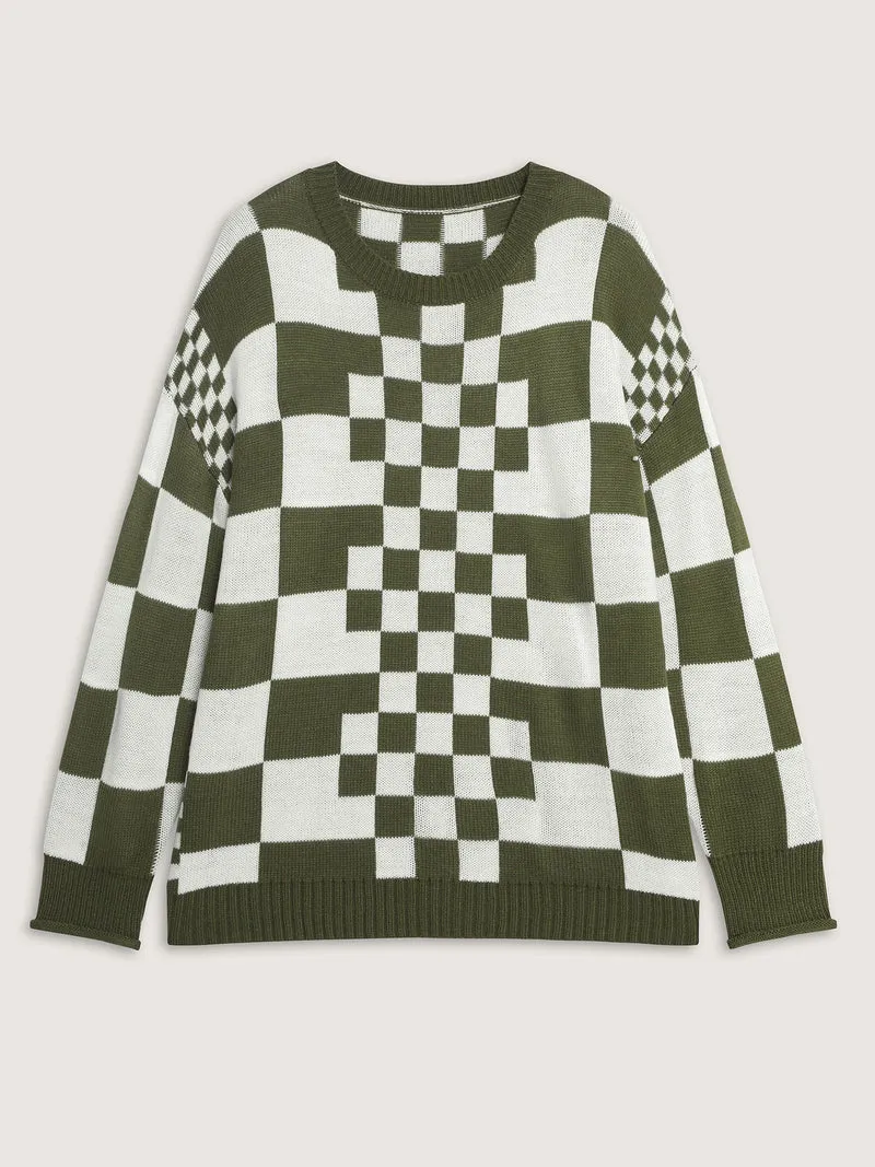 Colorblock Checkered Print Pullover