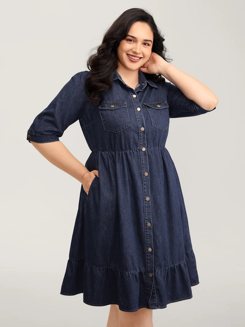 Denim Ruffled Hem Pockets Shirt Dress