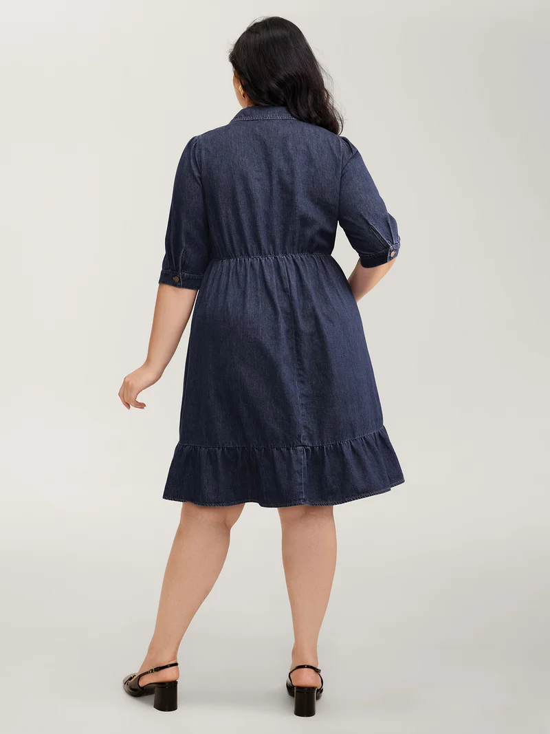 Denim Ruffled Hem Pockets Shirt Dress