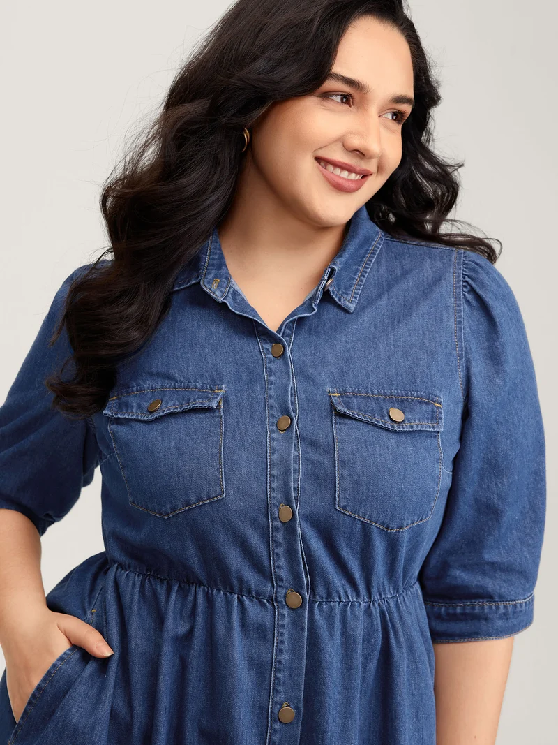Denim Ruffled Hem Pockets Shirt Dress