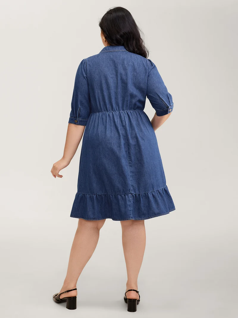 Denim Ruffled Hem Pockets Shirt Dress