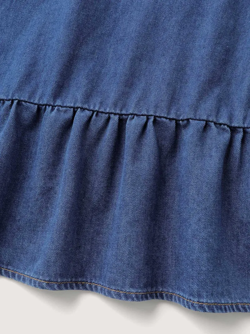 Denim Ruffled Hem Pockets Shirt Dress