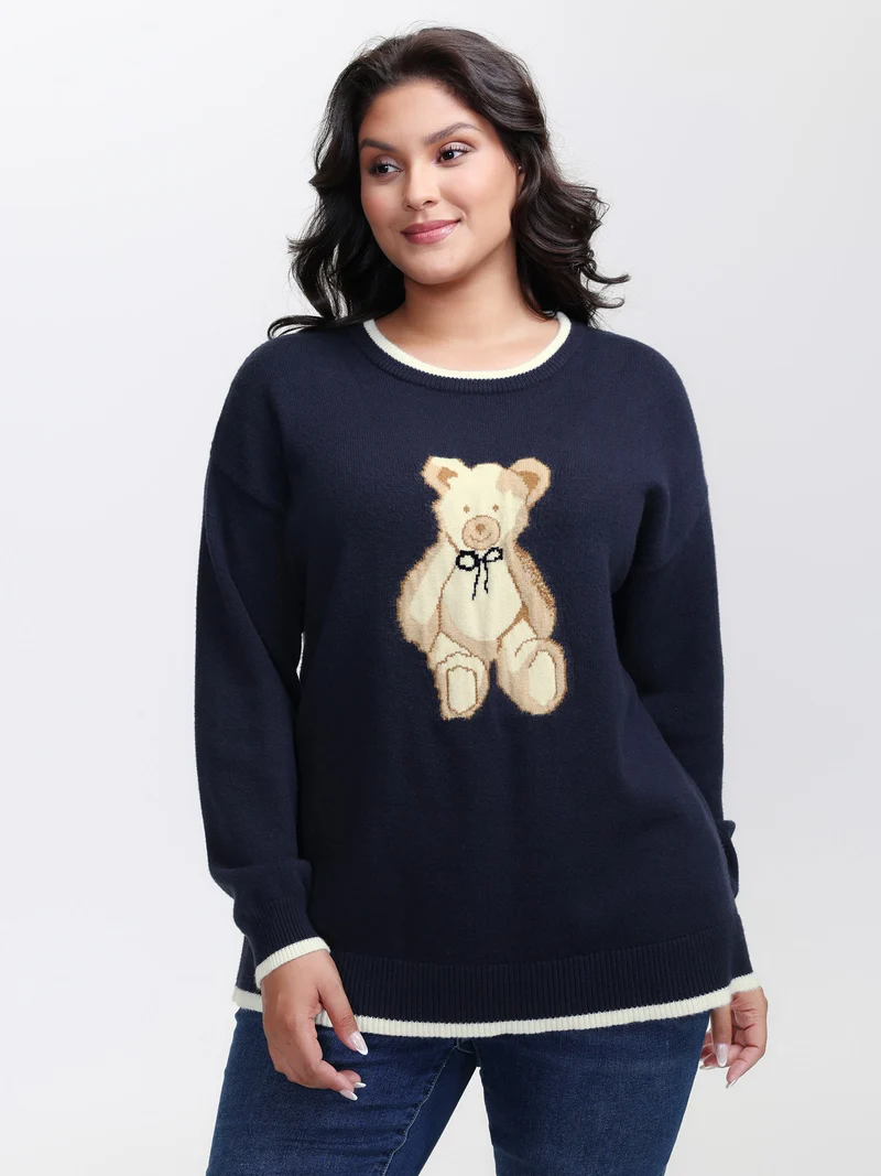 Bear Motif Jacquard Color Contrast Pullover