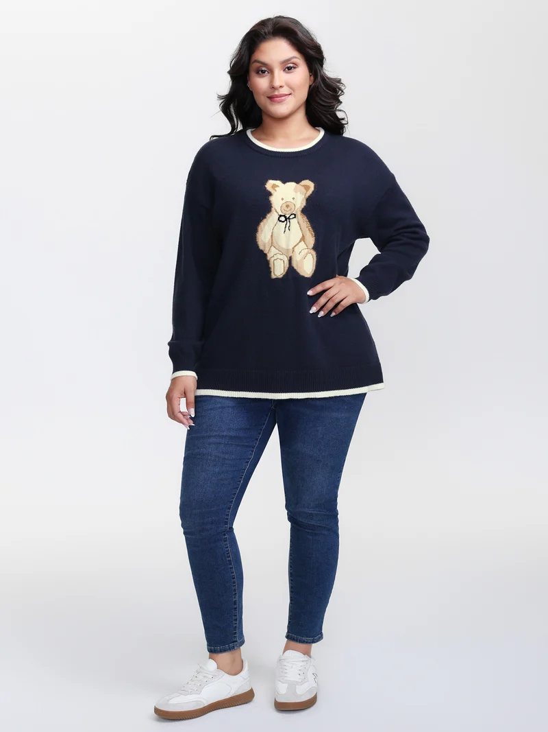 Bear Motif Jacquard Color Contrast Pullover