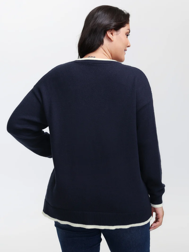 Bear Motif Jacquard Color Contrast Pullover