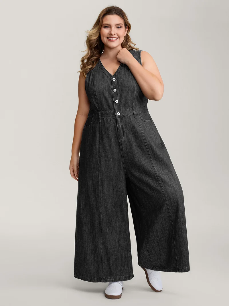 Button Placket Pockets Denim Jumpsuit