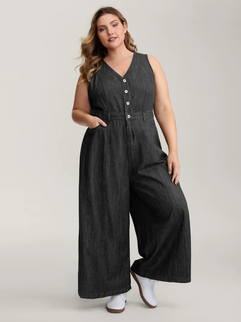 Button Placket Pockets Denim Jumpsuit