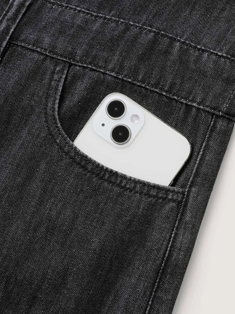 Button Placket Pockets Denim Jumpsuit