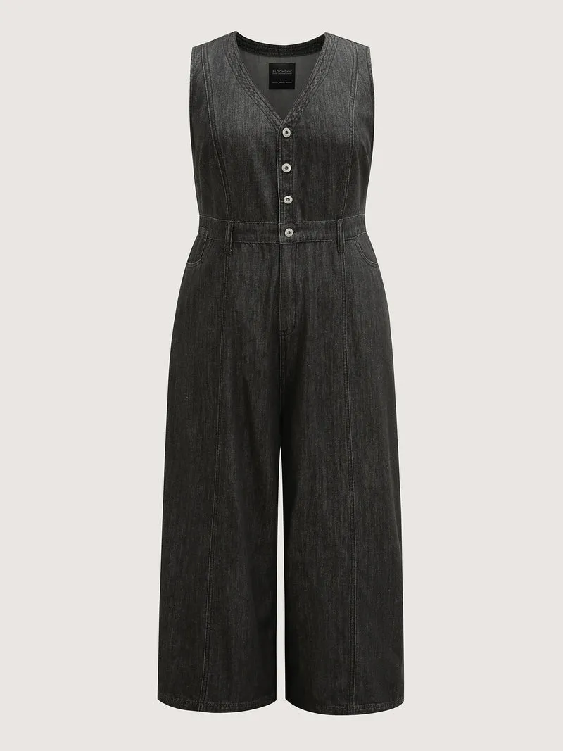 Button Placket Pockets Denim Jumpsuit