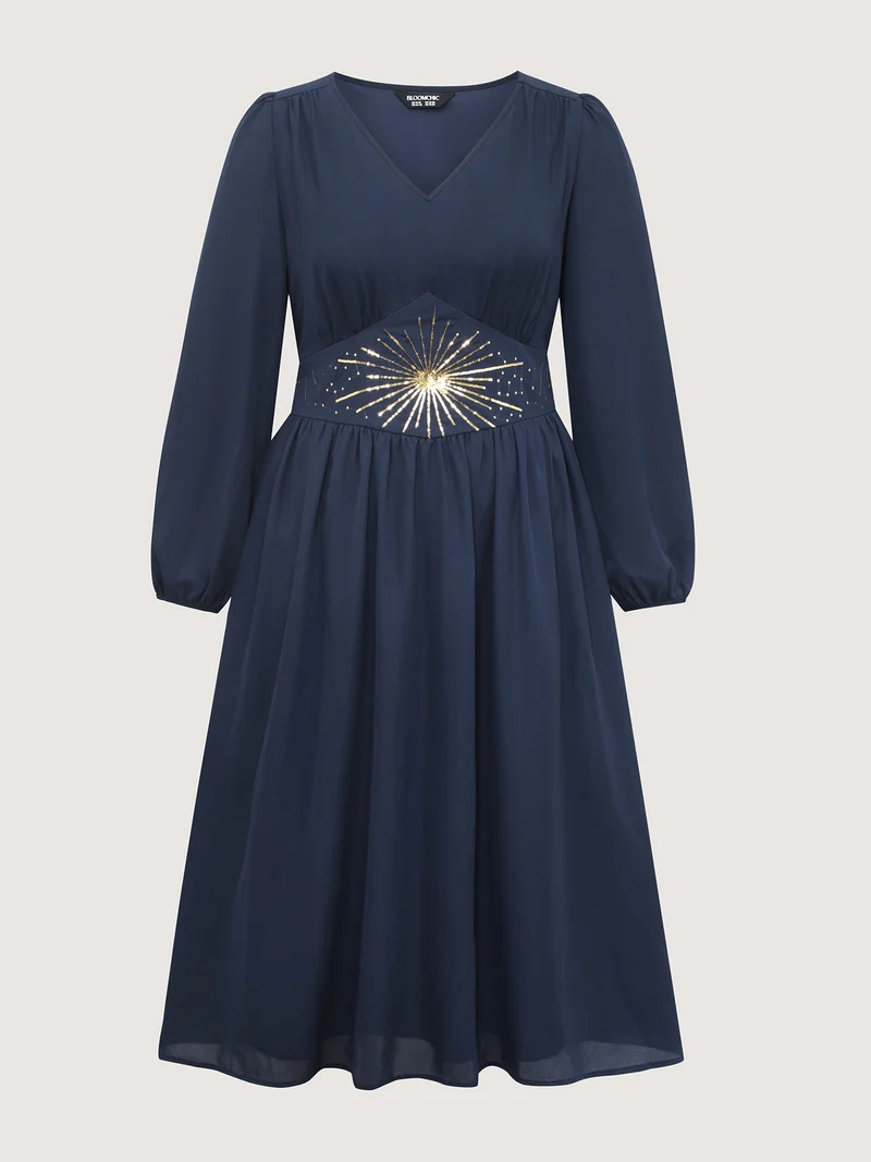 Gold Sequin Embroidery Sheer Shirred Midi Dress